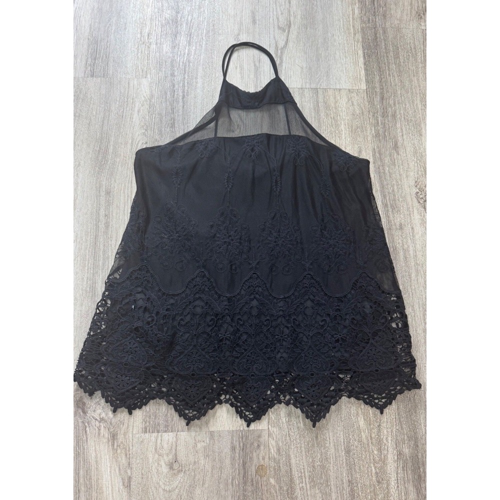 Atina Cristina Black Halter Top Mesh‎ Lace Floral Embroidery Boho Size M
